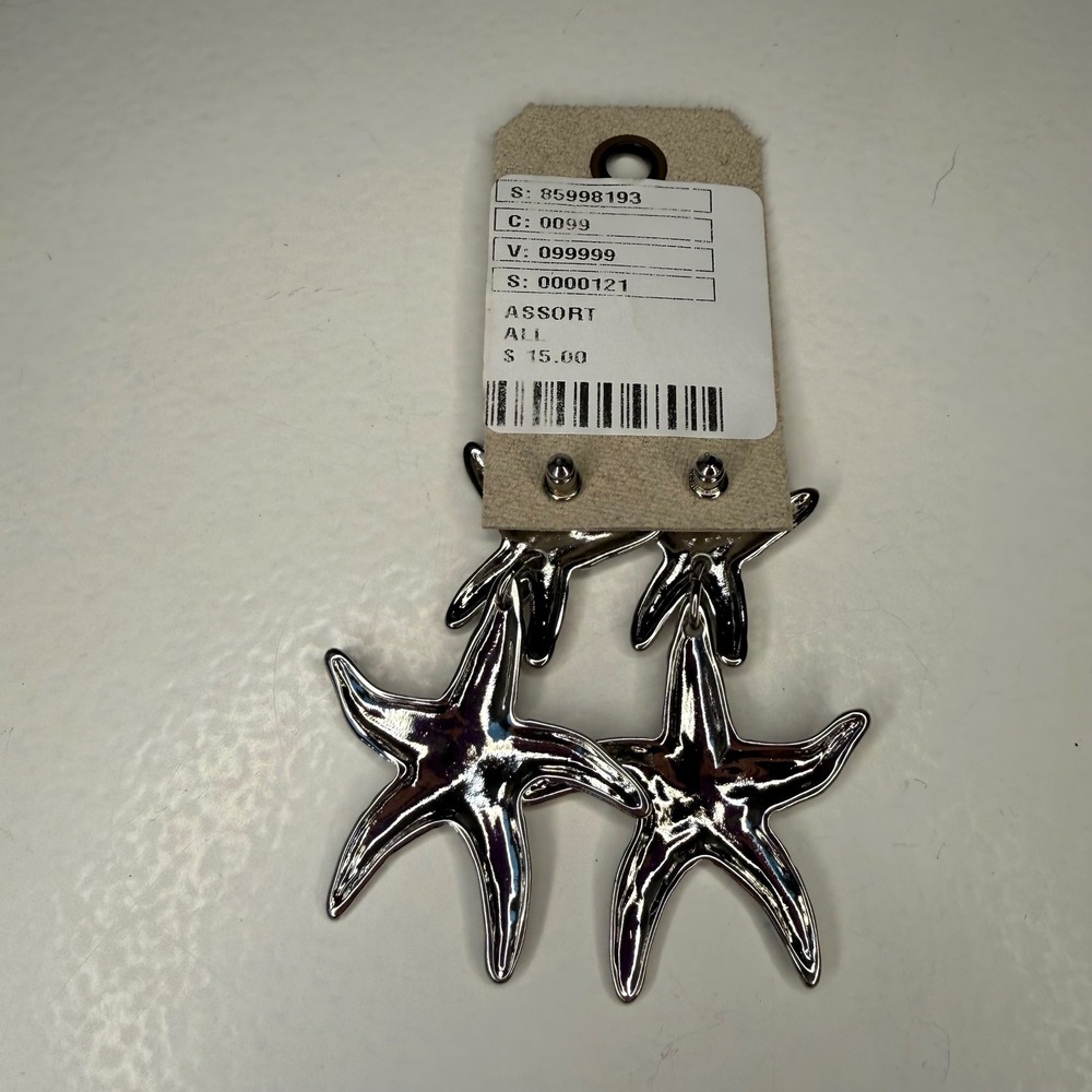 NEW Anthropologie Silver Textured Starfish Drop Earrings Nautical Coastal Ocean - Picture 3 of 3